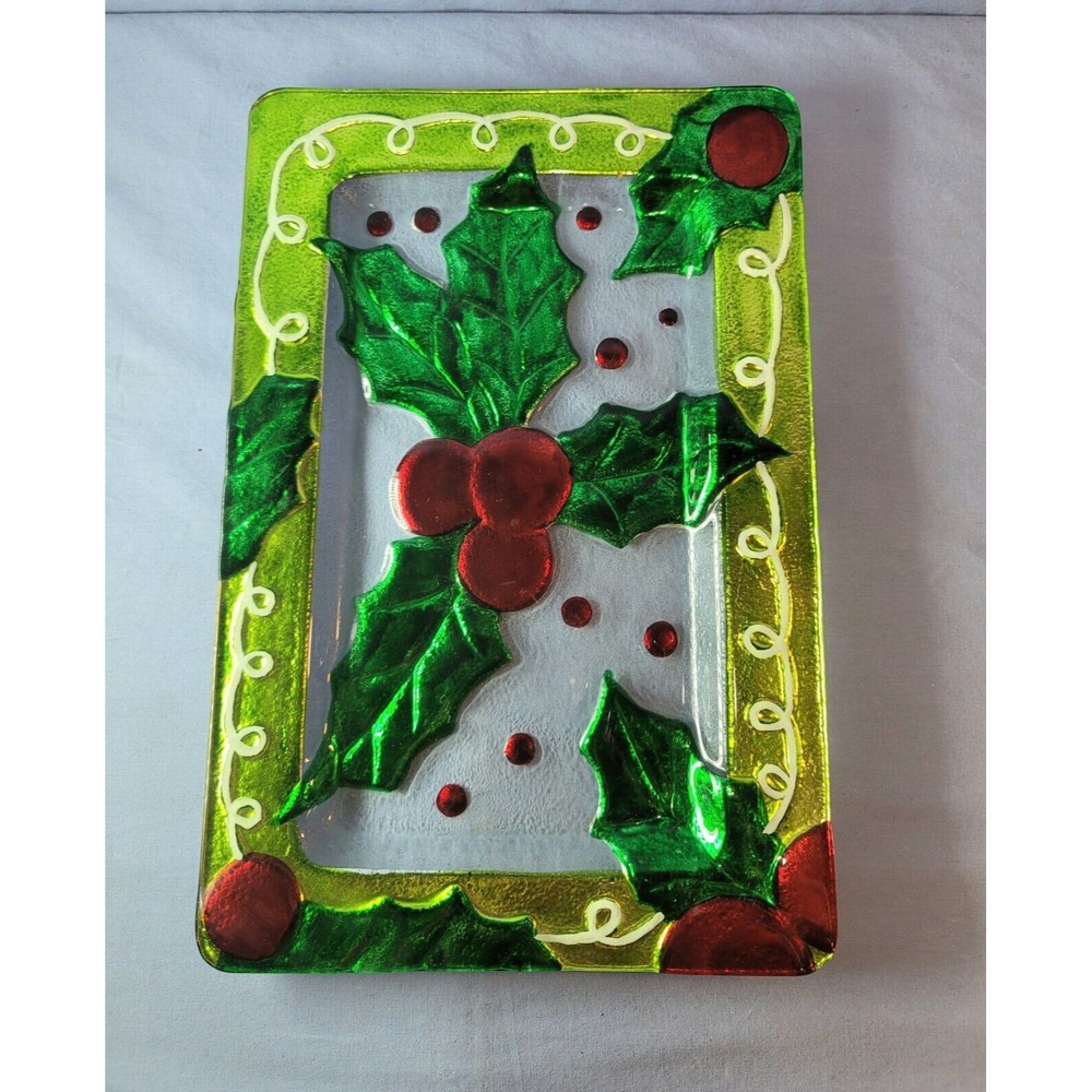 Christmas Berries Platter Holiday Glass Rectangular Vintage Tray Art 14''x9.5"